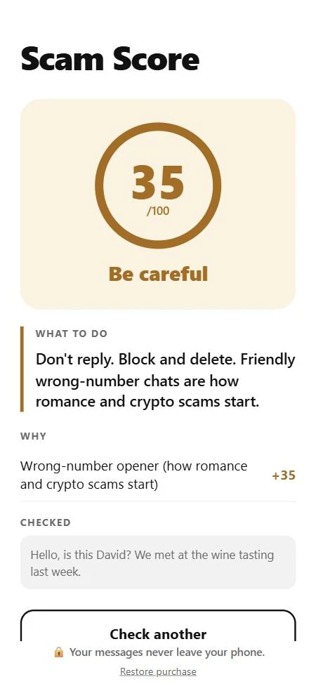 A message scored 35 out of 100, Be careful, with what to do and the reason: a wrong-number opener