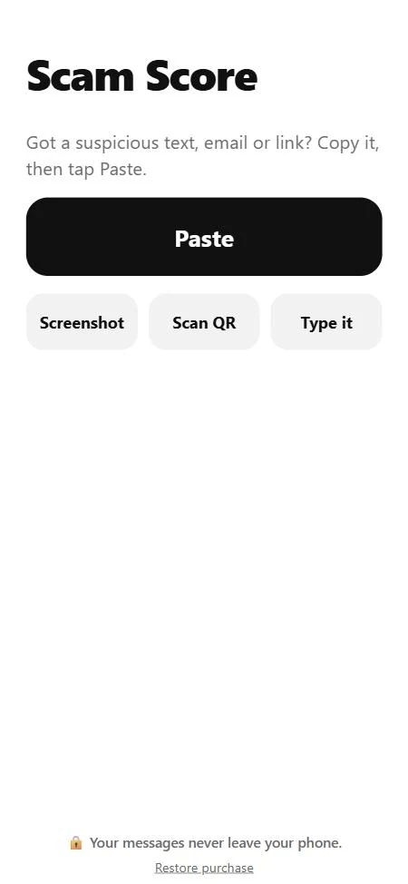 Scam Tester's one screen: a Paste button, then Screenshot, Scan QR and Type it