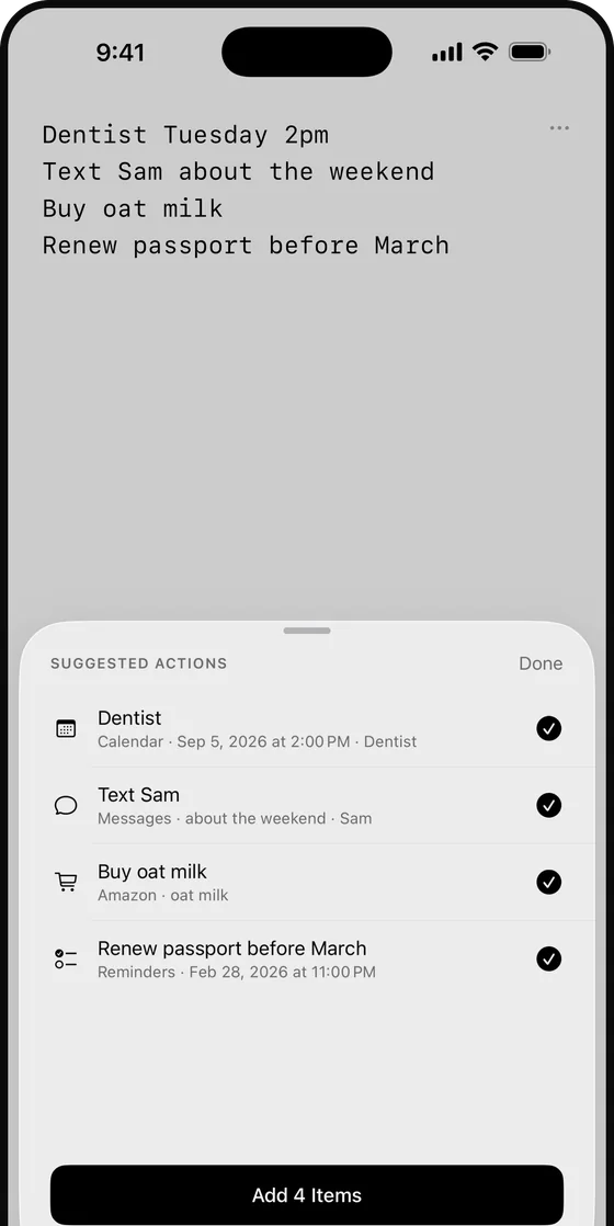 Suggested actions found in the notes: a Calendar event, a message, an Amazon search and a reminder
