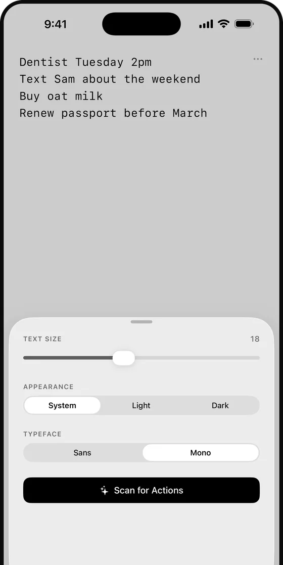 Settings sheet with text size, appearance and typeface